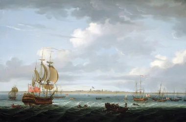 Navigation au large de Madras (Inde), avec une description du port et de la ville et le drapeau britannique flottant sur le Fort Saint George