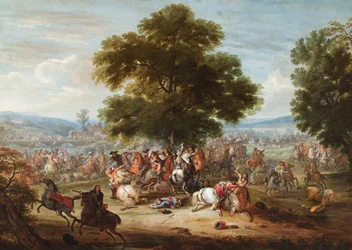 Un engagement de cavalerie dans un paysage boisé, un pont au loin (huile sur toile)