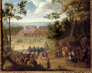 Vue de Versailles en 1664 avec le roi de France Louis XIV (1638-1715) et une compagnie de mousquetaires. Peinture par Adams Frans Van der Meulen (1632-1690)