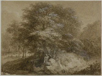 Bosquet ombragé avec nymphe assise sous un arbre