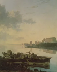Une barge en bois sur la rivière au coucher du soleil