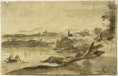 Paysage avec pêcheur dans un lac