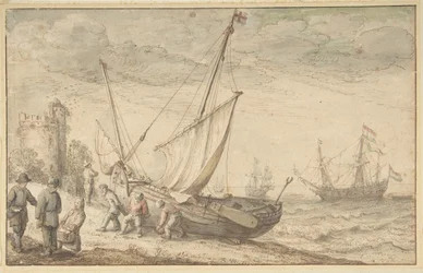 Pêcheurs tirant leur bateau sur le rivage