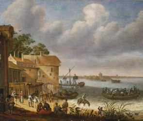 Paysans sur la plage avec un ferry