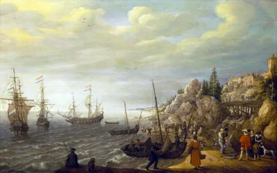 Trois navires néerlandais ancrés dans une baie devant une ville fortifiée scandinave