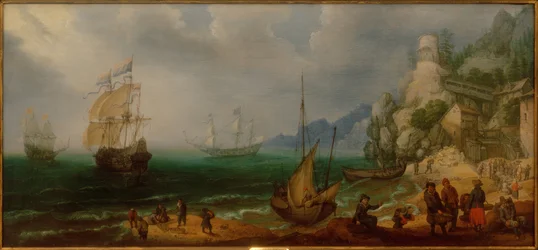 Paysage côtier rocheux avec voiliers et pêcheurs
