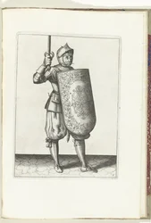 Exercice avec la targe et le rapière: le soldat tient le rapière tiré pas plus haut que son visage (n° 5), 1618