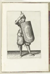 Exercice avec la targe et la rapière : comment le soldat doit fermer la visière de son casque avec la targe et la rapière dégainée dans la main (n° 7), 1618