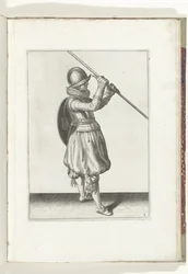 Exercice avec bouclier et lance : le soldat avec la lance en diagonale dans les deux mains et le bouclier sur le dos (n° 2), 1618