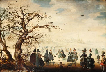 Allemand : Wintervergnügen Paysage hivernal avec des personnages élégants faisant du patin à glace