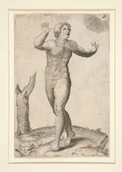 Un homme nu effrayé de voir la lune et le soleil dans le ciel en même temps