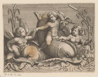 Trois putti avec des dauphins
