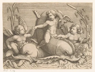 Trois putti avec des dauphins