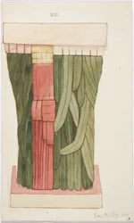 Caryatide de la chambre extérieure, Temple A, Temple du terrain de jeu de balle, Chichen Itza, Mexique (aquarelle)