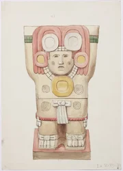Caryatide de la chambre extérieure, Temple A, terrain de jeu de balle, Chichen Itza, Mexique (aquarelle)