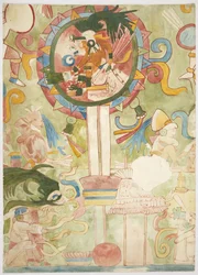 Peinture représentant une partie du panneau sud du mur ouest, Temple Supérieur des Jaguars, Chichen Itza, Mexique