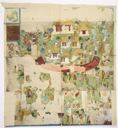 Peinture murale du panneau nord sur le mur ouest, Temple A, Grand Terrain de Jeu de Balle, Chichen Itza Yucatan, Mexique (photographie et aquarelle)