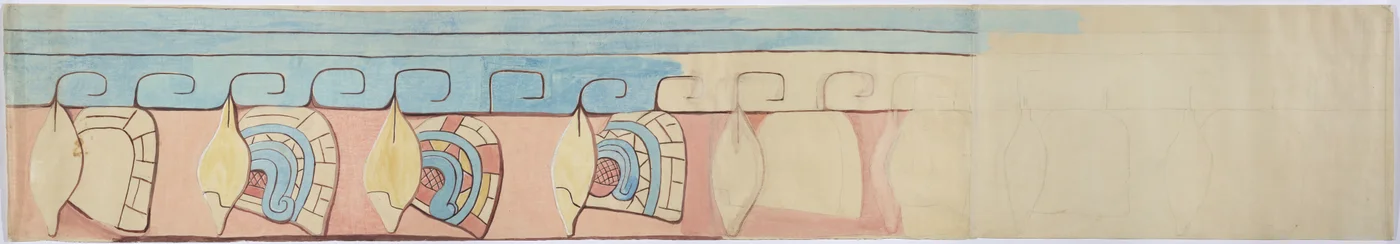 Peinture de la partie supérieure de la frise en stuc à Acanceh, Mexique