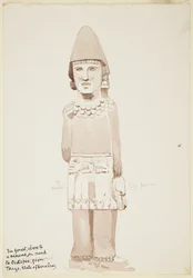 Statue de Teayo, nord Veracruz, Mexique Montre une statue en pierre avec une figure masculine portant un kilt