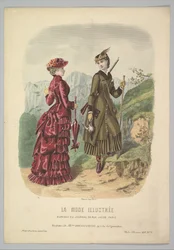 Une dame en costume de chasse avec une dame en costume de marche sur un chemin de montagne de La Mode..., 1881