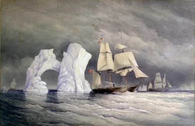 Navires britanniques Phoenix, Talbot et Diligence traversant un iceberg (Arctique Canada). Aquarelle (58x88 cm), par Edward Augustus Inglefield (1820-1894)