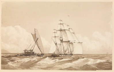 Double canoë au large de Moalu, îles Fidji, 26 septembre 1849