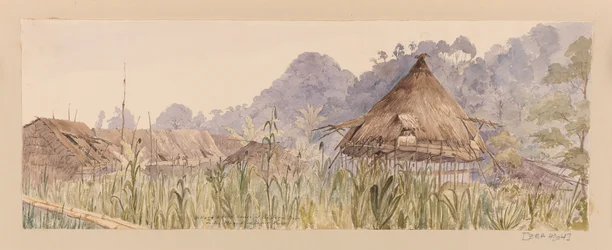 Village et maison principale de la tribu Segu ou sur la rivière Manuk ou Segur des Antilles, Amérique du Nord et album de Borneo