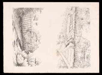 Village de la tribu Stang, Sarawak, Bornéo; et un pont de poteaux sur une rivière du carnet de croquis des Antilles, d