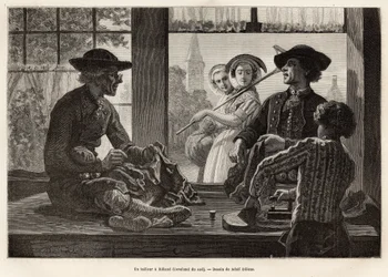 Un tailleur et son apprenti, travaillant au bord de la fenêtre pour profiter de la lumière et du spectacle des passants de la rue, à Rilland (Sud Beveland), gravure d