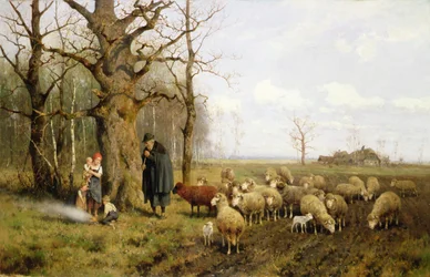 Enfants avec un berger et des moutons dans un paysage