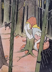 Le Petit Chaperon Rouge voit le Loup dans la Forêt, illustration tirée de Jugend publiée à Munich en 1896