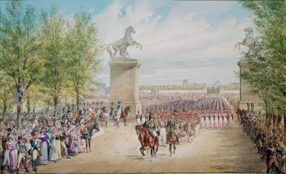 Le tsar Alexandre Ier monte les Champs-Élysées avec son armée à Paris en 1814