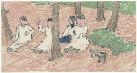 Groupe de personnes assises sous des arbres