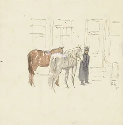 Homme avec deux chevaux devant un bâtiment