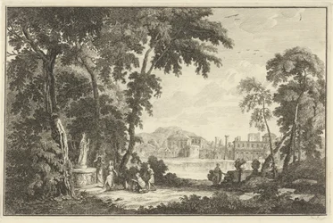 Paysage fluvial arcadien avec des figures adorant une statue