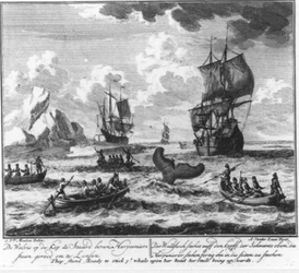 « La baleine la tête en bas, la queue en haut, les harponneurs sont prêts à lancer » (no 5 de la série sur la chasse à la baleine)