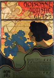 Affiche publicitaire pour Cloisonne Glass, avec une scène de nativité