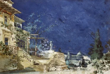 Décor de scène par Adolfo Hohenstein (1854-1928) pour la première de Zanetto, opéra de Pietro Mascagni (1863-1945)
