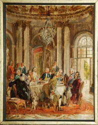 La table ronde de Frédéric II de Prusse avec Voltaire et Christoph Ludwig von Stille au palais de Sanssouci