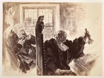 Adam, assis dans le fauteuil du juge, agite la sonnette; à sa droite, derrière lui, siège le conseiller judiciaire et prend une prise de tabac, pour « La Cruche cassée » de Heinrich von Kleist