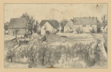 Vue de granges et de maisons de ferme, avec des arbres bas et des buissons au premier plan