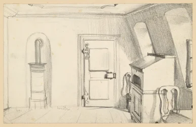 Chambre mansardée avec poêle, porte, secrétaire et chaises dans la maison de Goethe à Francfort-sur-le-Main