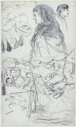 Une femme portant un foulard et une cape, un personnage masculin de profil, des melons et des hommes endormis sur la Piazza d