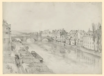 La Fulda à Kassel. Paysage fluvial avec un pont et des maisons