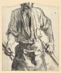 Ouvrier sidérurgiste avec tablier et morceaux de bois dans les mains. Étude pour « Le laminoir. Cyclopes modernes »