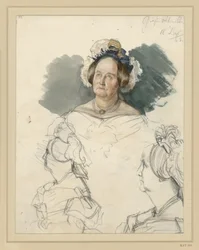 La comtesse Alvensleben, née von der Osten-Sacken. Au-dessous, deux bustes. Étude pour le tableau « Le Couronnement de Guillaume Ier à Königsberg »