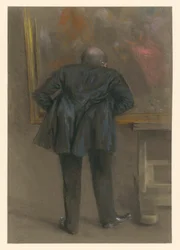 Un homme se penchant en avant devant un tableau, vu de dos