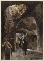 Dans les ruines, un homme et une femme se tiennent sur un palier et lèvent les yeux vers un grand trou dans la voûte.