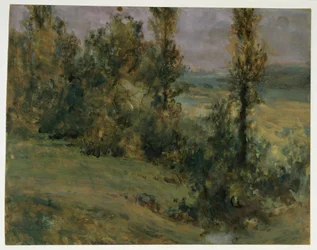 Paysage avec des arbres à feuilles caduques par temps sombre