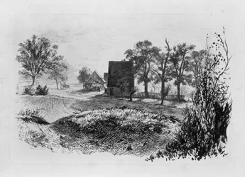 Paysage avec trois cabanes